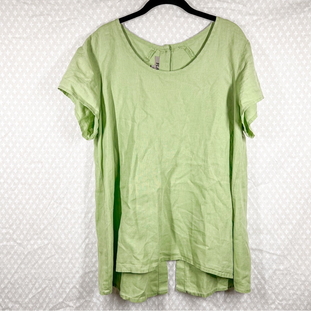 Flax Green Linen Button Back Short Sleeve Top